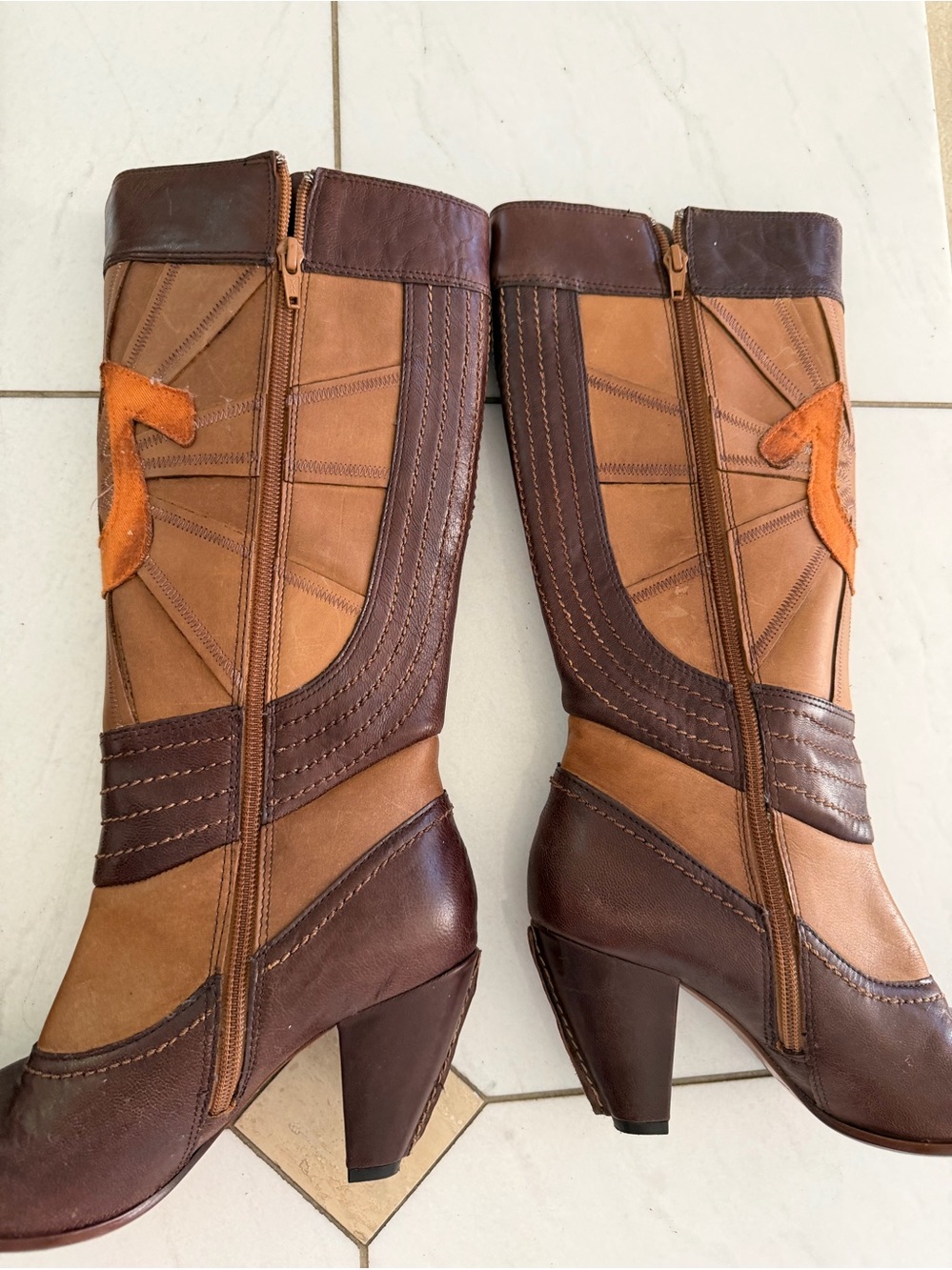 True Religion Two-Tone Brown & Tan Mid-Calf Heeled Boots - Picture 6 of 10